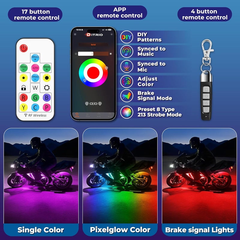 DITRIO 12PCS Double Row Motorcycle Led Lights with Brake Turn Signal,Underglow Light Kits with APP/RF Remote Control, Dual Zone,Waterproof,12V Pixelglow RGB Lights for Motorcycles, Golf Carts, UTVs - Image 3